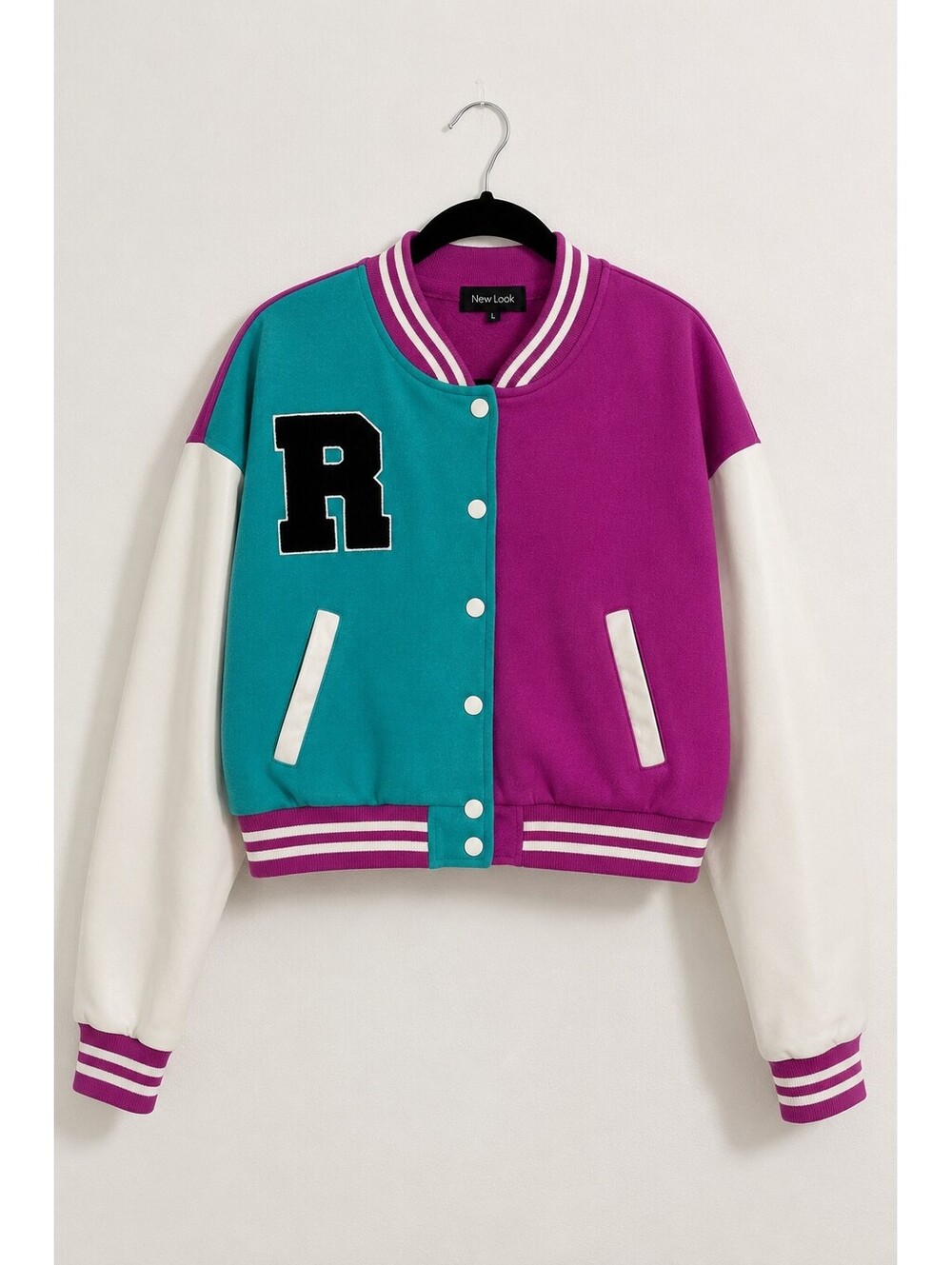New Look L Pink Teal Colorblock Varsity Letterman Bomber Jacket Y2K